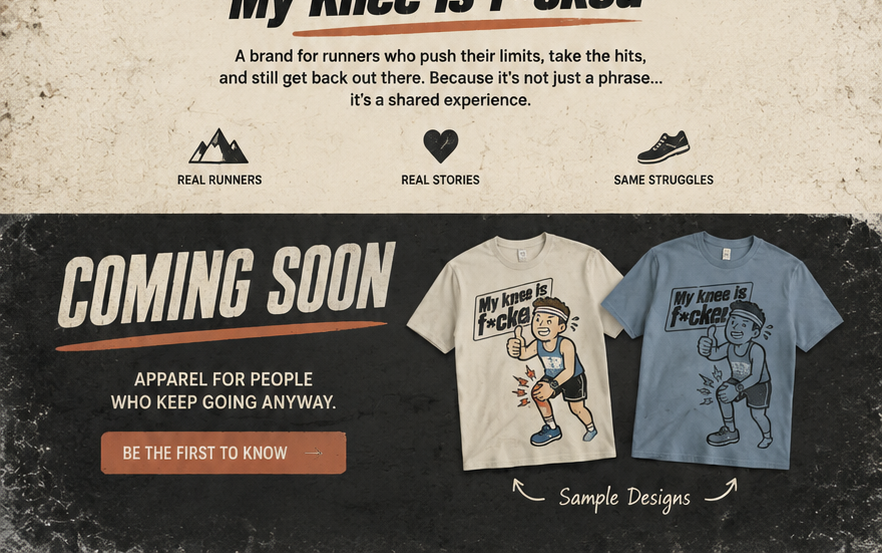 Coming soon preview showing two sample My Knee Is F*cked running shirts.